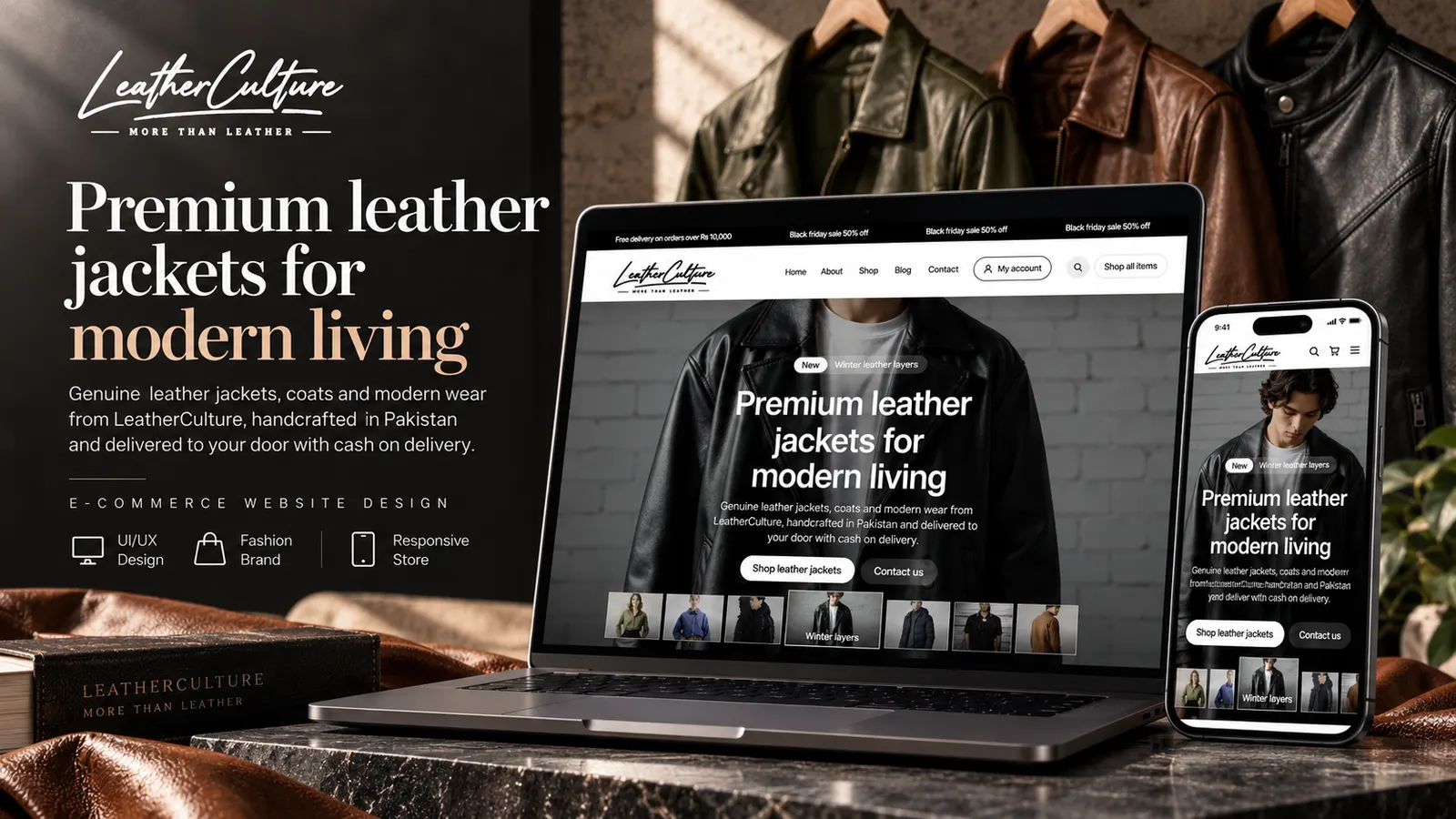 The LeatherCulture online store shown on a laptop and a phone